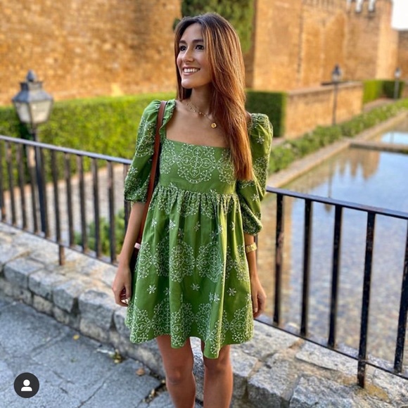 ZARA NWT Green Floral Embroidered Cutout Bardot Dress Puff Sleeves - Picture 3 of 12